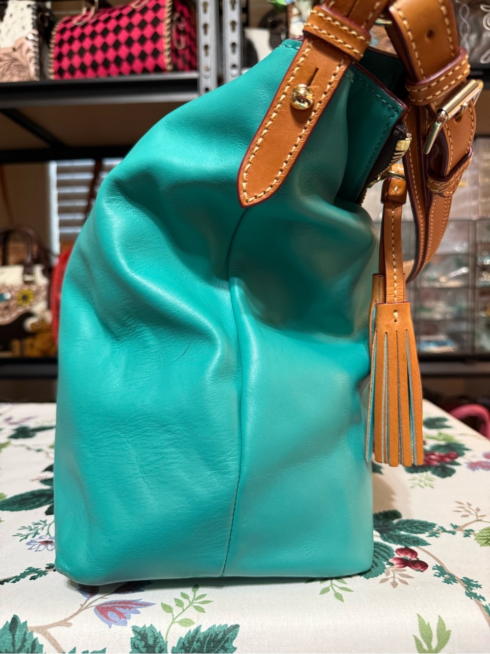 Dooney & Bourke McKenzie Teal Leather Hobo Shoulder Bag with Tan Trim - Picture 4 of 14